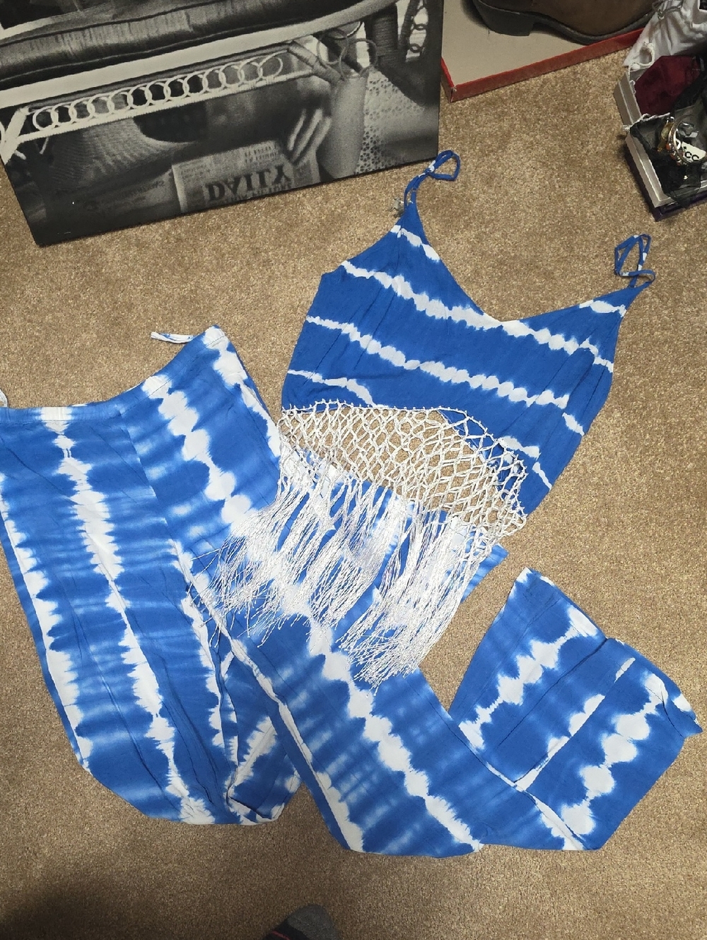 Indah Blue & White Tie-Dye Fringe Crop Top with Wide-Leg Pants